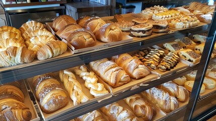 Bakery display case filled with fresh pastries and bread