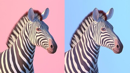 Fototapeta premium A 3D zebra with its distinctive stripes and a soft pastel background on the right, representing the uniqueness of zoo animals, 