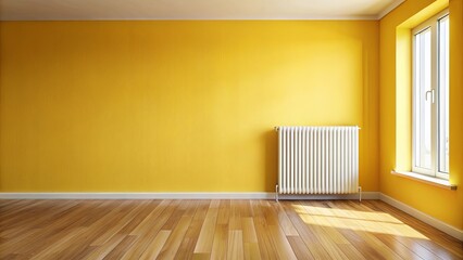 Empty room with yellow wall, wooden floor, and radiator in corner