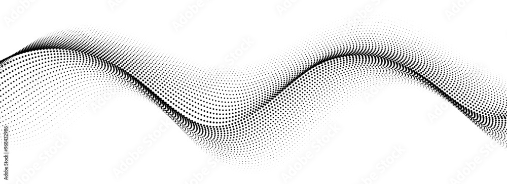 Poster Black dotted wave line pattern. Halftone undulate net background. Abstract stipple particle flow wallpaper. Curved dashed gradient element for poser, banner, presentation, booklet, flyer. Vector