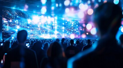 Silhouettes of an audience watching a large screen with blue and white lights.