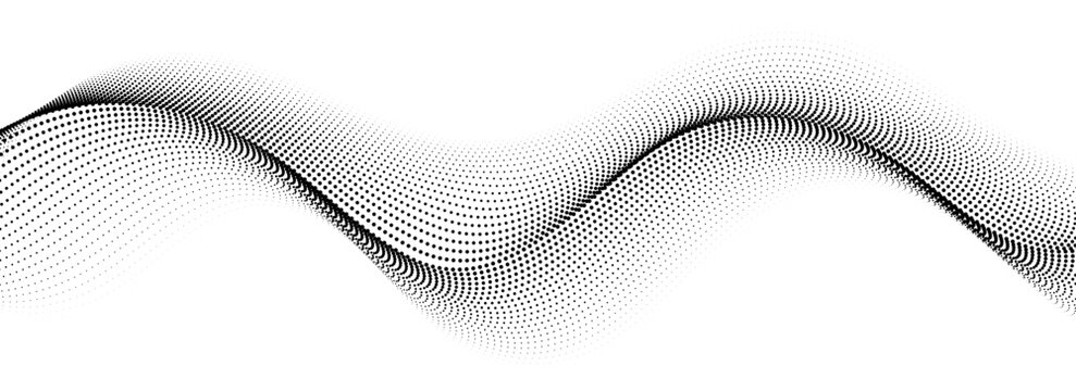 Black dotted wave line pattern. Halftone undulate net background. Abstract stipple particle flow wallpaper. Curved dashed gradient element for poser, banner, presentation, booklet, flyer. Vector