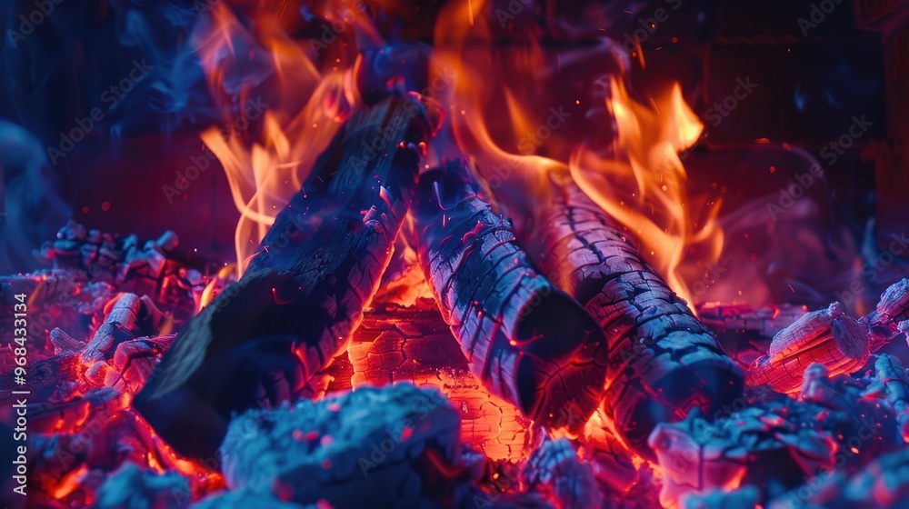 Canvas Prints Burning firewood in a hearth with pyre flames and fiery furnace texture during combustion