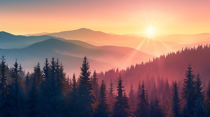 Obraz premium Majestic sunrise over misty mountains with sun rays illuminating the fog-covered valleys, casting long shadows on the forested hills.