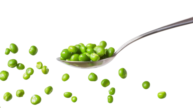 Green peas in spoon on transparent background