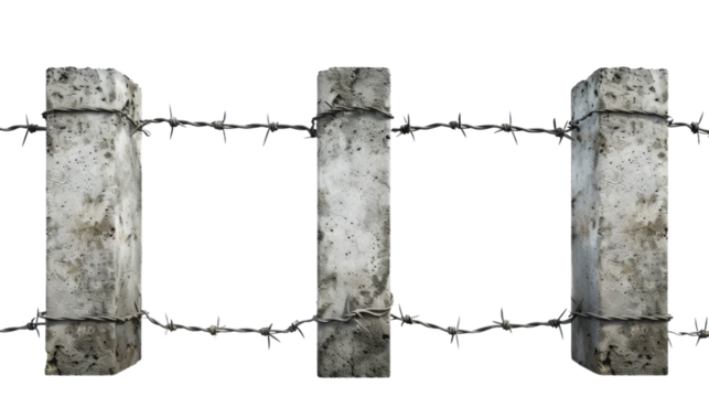 Barbed wire with concrete pillars on transparent background