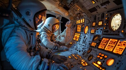Astronauts operating controls in a spacecraft cockpit, showcasing space exploration technology.