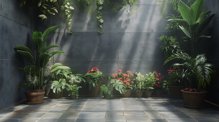 Fototapeta premium A tranquil garden surrounded by plants and flowers.