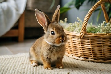 Fototapeta premium Cute Bunny Rabbit Sitting Near a Basket.