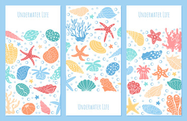 Beautiful colorful designs featuring underwater life. Marine creatures, seashells, and coral are depicted in a vibrant sea and ocean reef setting for flyer template illustration.