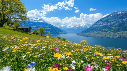 Fototapeta premium Wildflowers Blooming in Alpine Meadow with Mountain Lake and Snow capped Peaks