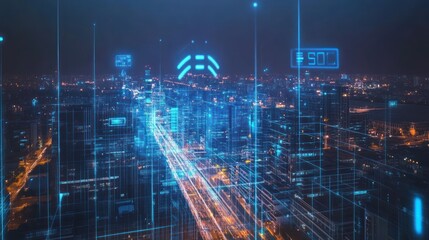 Fototapeta premium Smart City Skyline with Digital Overlays