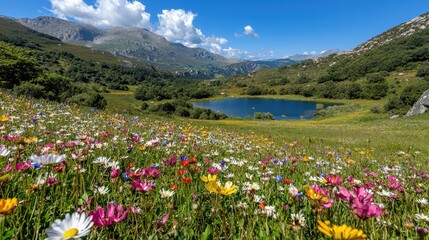 Obraz premium Wildflowers Blooming in Mountain Meadow with Lake and Blue Sky