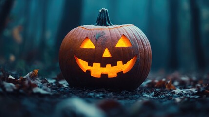 Halloween night scene with glowing jack-o'-lanterns and pumpkins in a spooky setting