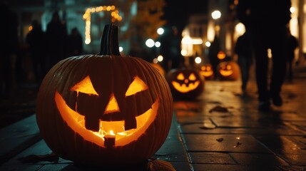 Obraz premium Halloween night scene with glowing jack-o'-lanterns and pumpkins in a spooky setting