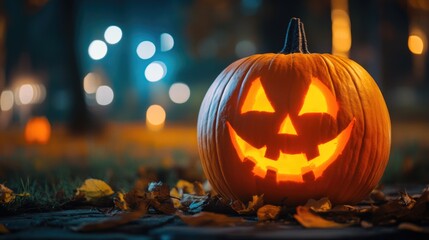 Naklejka premium Halloween night scene with glowing jack-o'-lanterns and pumpkins in a spooky setting