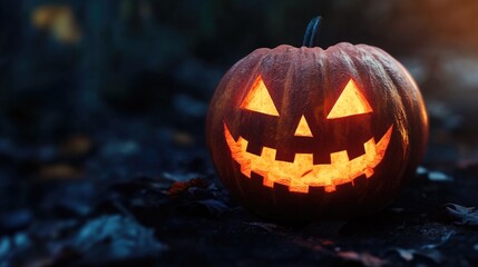 Halloween night scene with glowing jack-o'-lanterns and pumpkins in a spooky setting