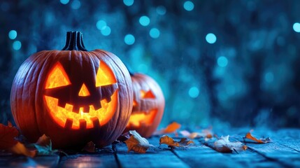 Obraz premium Halloween night scene with glowing jack-o'-lanterns and pumpkins in a spooky setting