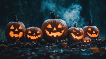 Halloween night scene with glowing jack-o'-lanterns and pumpkins in a spooky setting