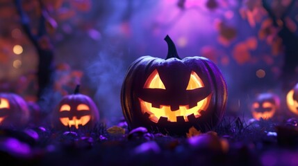 Naklejka premium Halloween night scene with glowing jack-o'-lanterns and pumpkins in a spooky setting