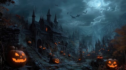 Halloween night scene with glowing jack-o'-lanterns and pumpkins in a spooky setting