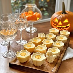 Obraz premium Halloween night scene with glowing jack-o'-lanterns and pumpkins in a spooky setting
