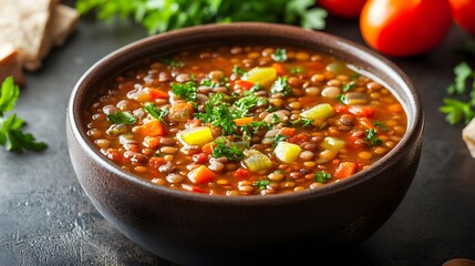 87. A bowl of hearty and flavorful lentil soup with vegetables and herbs