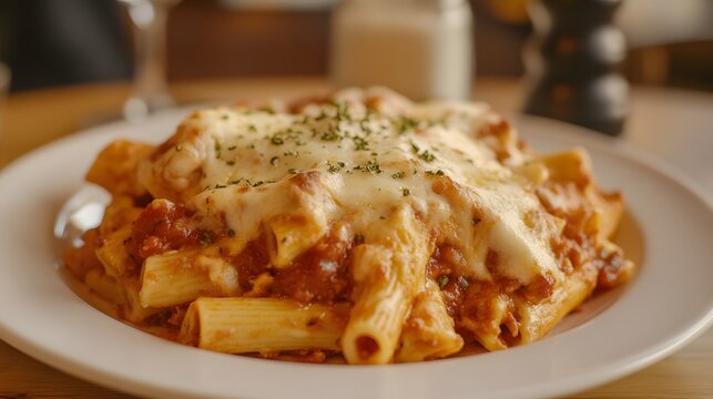 89. A plate of creamy and cheesy baked ziti with marinara sauce and mozzarella cheese