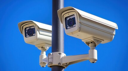 CCTV Cameras Mounted on Pole Against Blue Sky