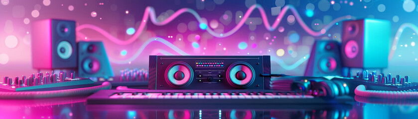 Fototapeta premium Synth, Speakers, and a Booming Beat in a Neon Light