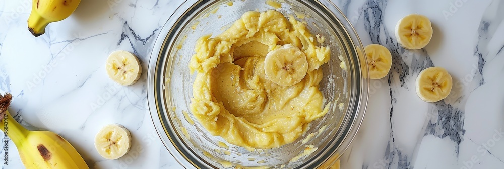 Sticker Mashing ripe bananas in a glass mixing bowl for coconut banana pancakes.