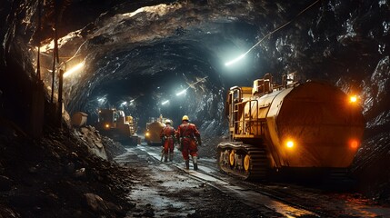 22. Underground mining operation featuring a team of miners in protective gear using heavy equipment and machinery