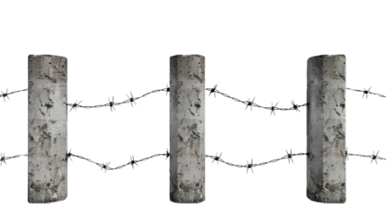 Barbed wire with concrete pillars on transparent background