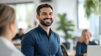 Fototapeta premium A man with a beard and a blue shirt is smiling at the camera