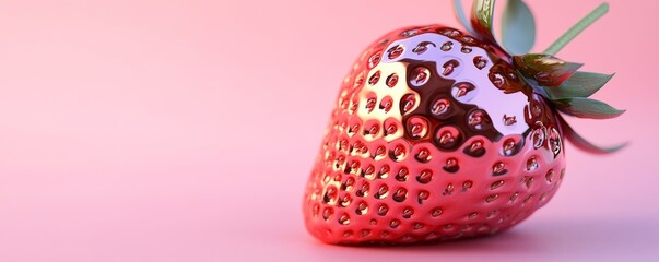 Shiny metallic strawberry on pink background