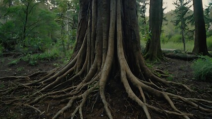 Ancient mossy roots intertwine in a sun-dappled forest, forming a natural tapestry