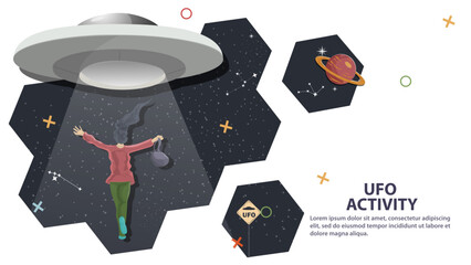 Ufo kidnaps a girl in green pants against the background of space in the form of honeycombs flat childrens doodles