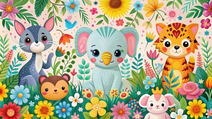 Naklejka premium Cute nursery art featuring adorable animals like elephant, duck, cat, dog, and tiger surrounded by vibrant flower power designs, nursery