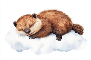 Obraz premium A charming watercolor illustration depicting a cute little beaver peacefully sleeping on a fluffy white cloud. The beaver's closed eyes and relaxed posture convey a sense of tranquility and dreams, wh