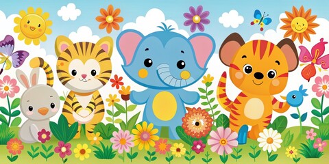 Naklejka premium Colorful nursery art featuring adorable animals like elephant, duck, cat, dog, tiger, and vibrant flower power elements, nursery art