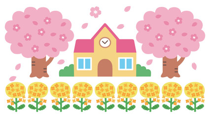 春の学校のイラスト