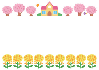 学校と桜と菜の花のフレーム