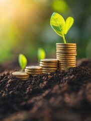 A stack of coins and a plant growing on top of them