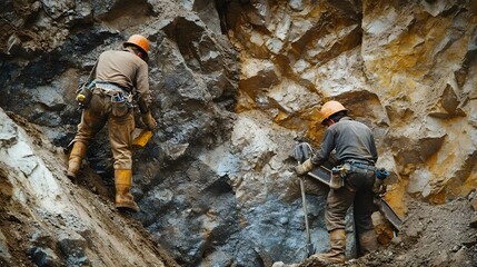 64. Close-up of miners working with both automated tools and manual equipment to access and remove resources from rock walls