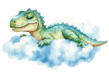Naklejka premium A charming watercolor illustration depicting a cute, little T-Rex peacefully sleeping on a fluffy white cloud. The dinosaur's closed eyes and relaxed posture exude a sense of tranquility, while the so