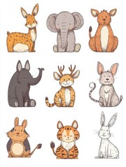 A set of cute animal drawings, including a cat, rabbit, and elephant