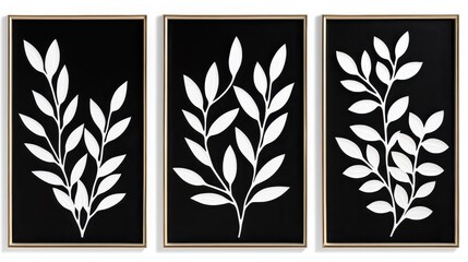 White Leaf Branch Wall Art Decor  Gold Frame  Black Background