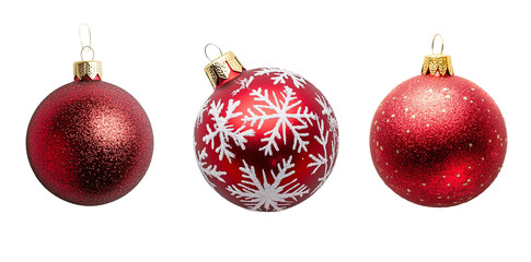 Three Different Christmas Ornaments, Red With a White Snowflake Pattern, Glittery and Shiny Surface On a Transparent Background