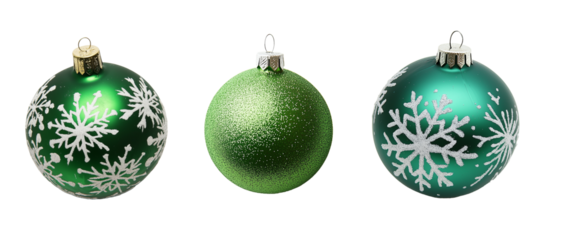 Three Different Christmas Green Balls Ornaments with White Snowflakes on Them, Isolated on a Transparent Background.
