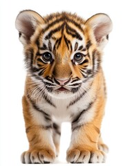 Fototapeta premium A baby tiger is standing on its hind legs and looking at the camera